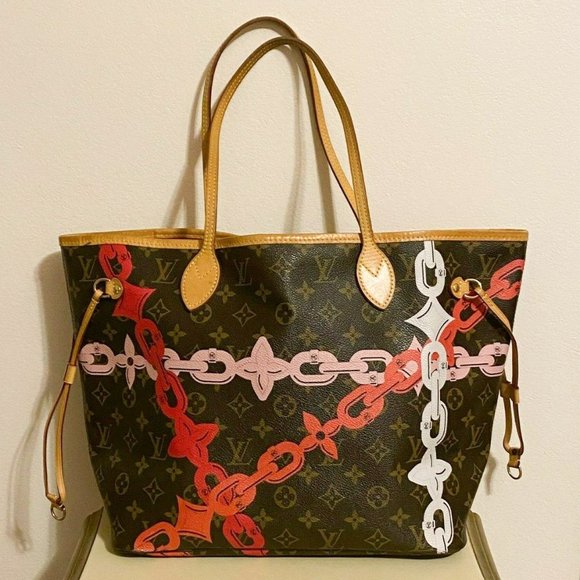 Louis Vuitton Neverfull MM Bag Bay Brown Pink Rose Ballerine Chain Tote Purse - Picture 1 of 12